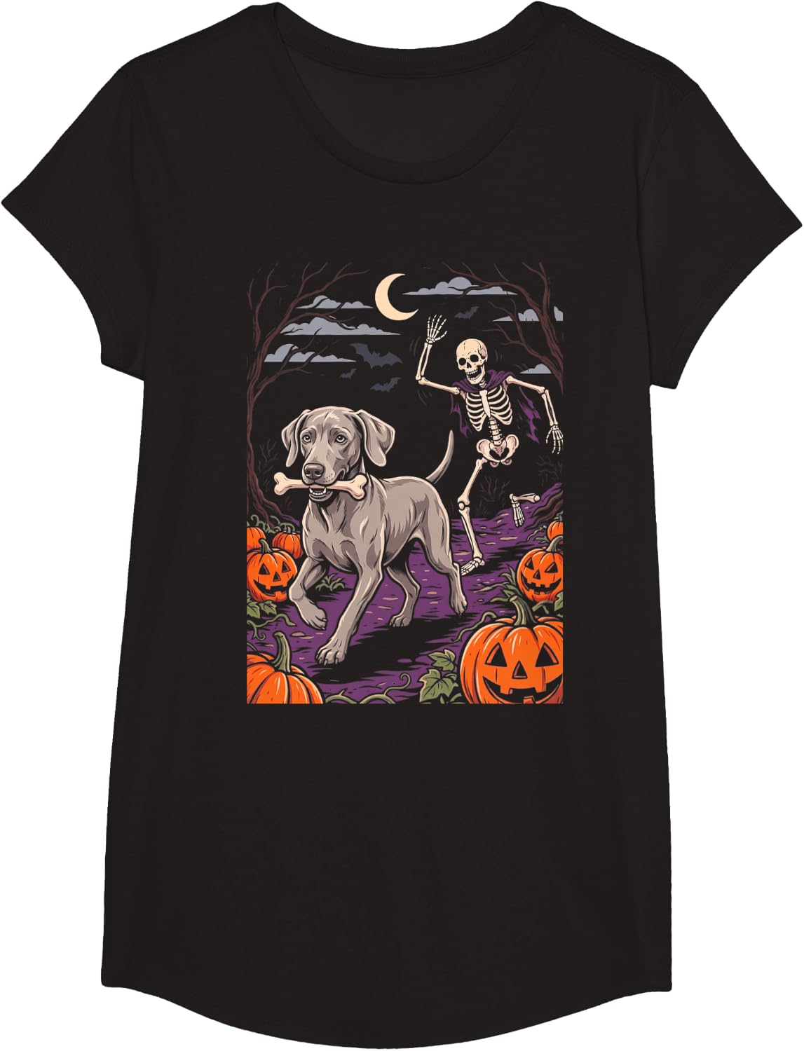 Weimaraner Dog Stealing Bone from Skeleton Halloween T-Shirt - Girls Black