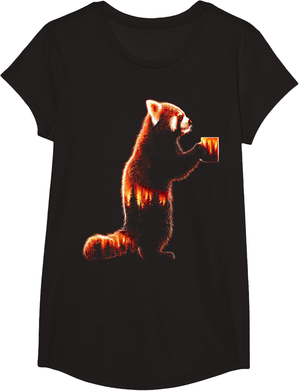 Red Panda Coffee Forest Animal Lover Motif Artwork T-Shirt - Girls Black