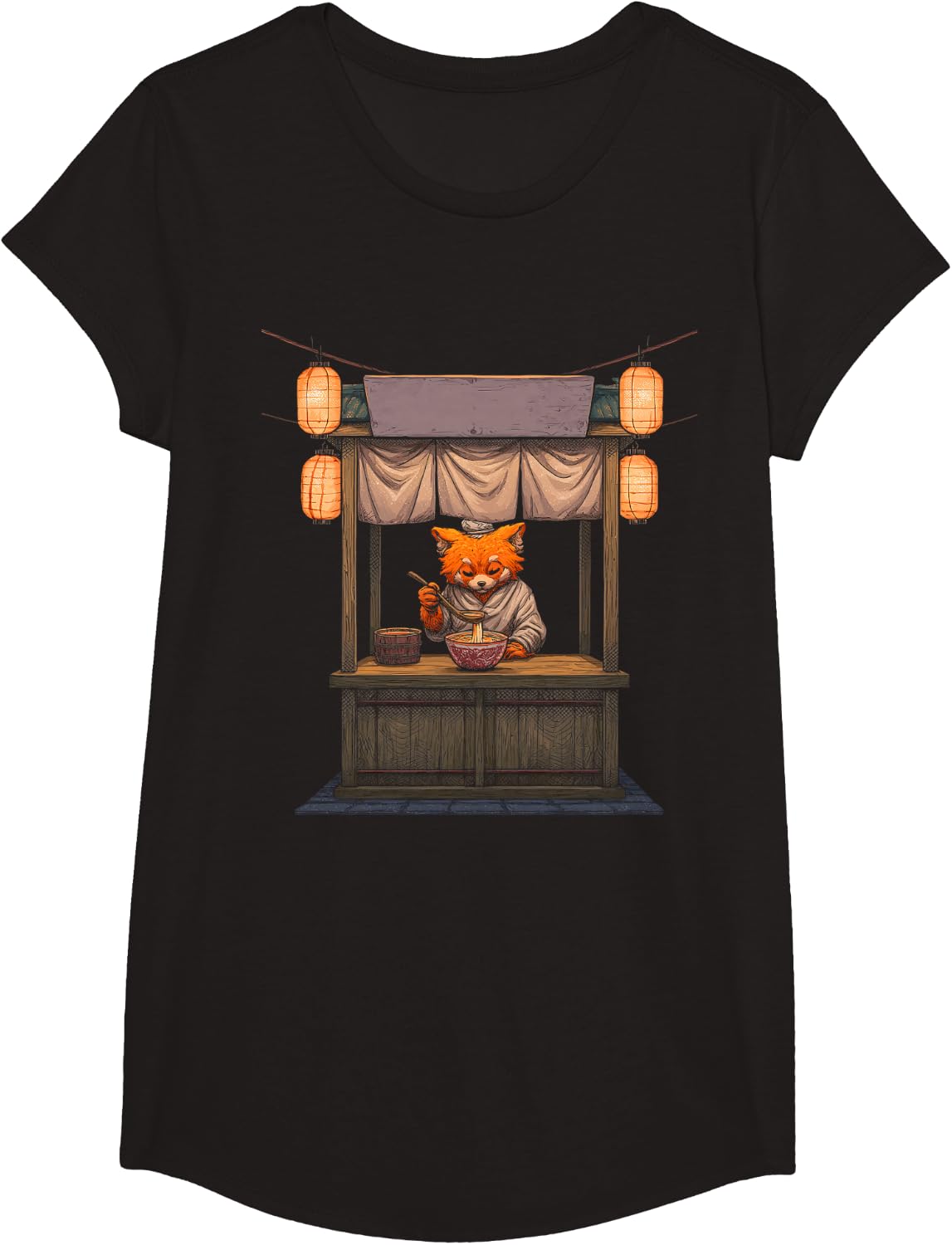 Ramen Red Panda Japanese Graphic Motif T-Shirt - Girls Black