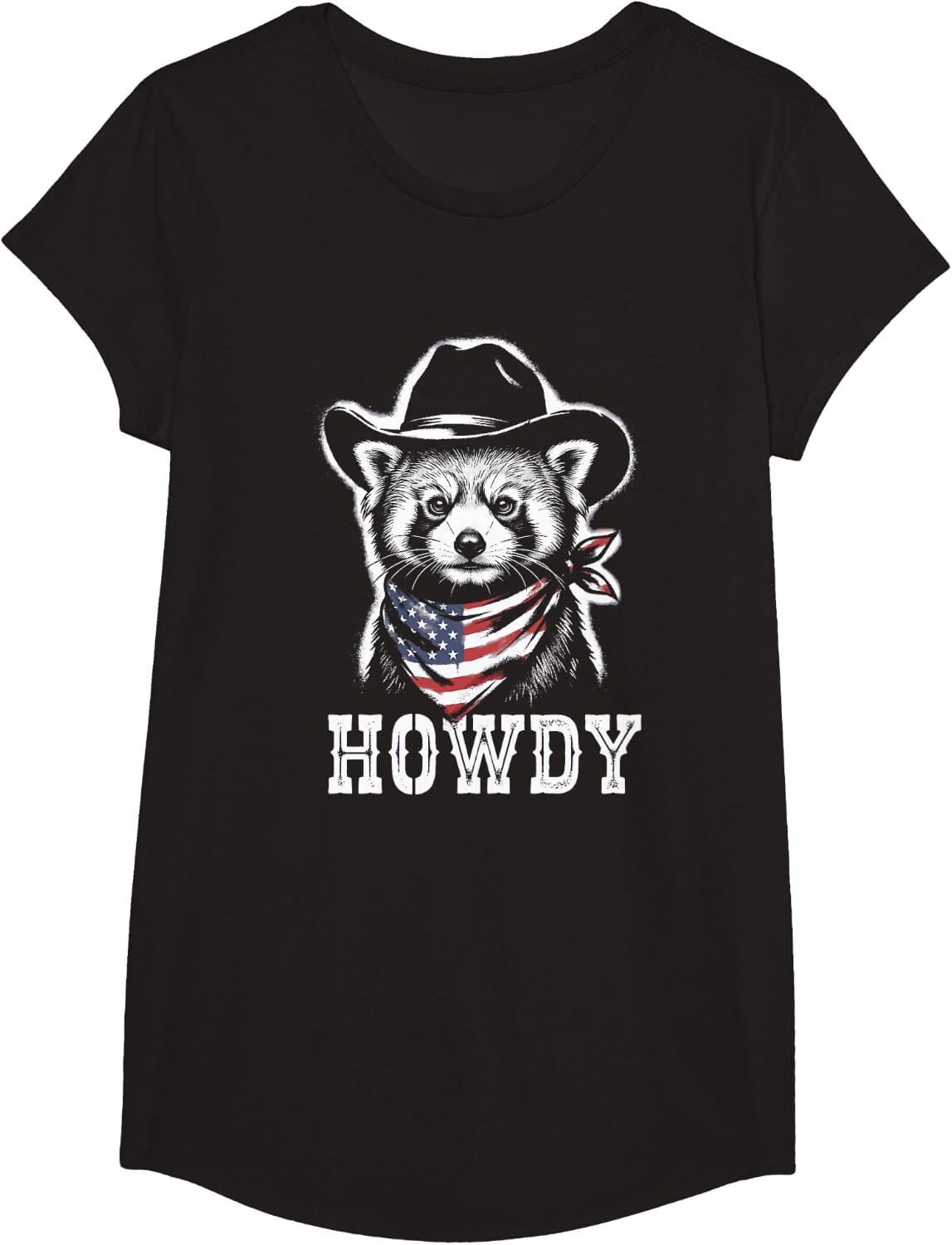 Red Panda Howdy Cowboy American Flag T-Shirt - Girls Black