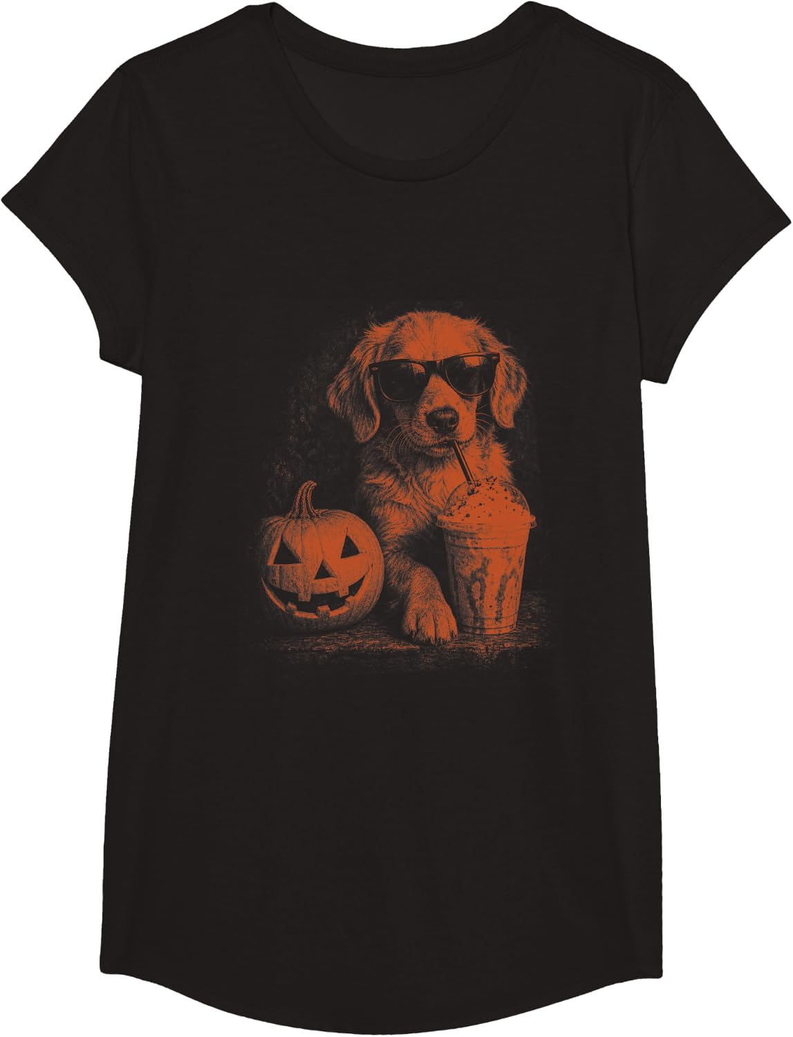 Golden Retriever Halloween Pumpkin Dog Drinking Coffee T-Shirt - Girls Black