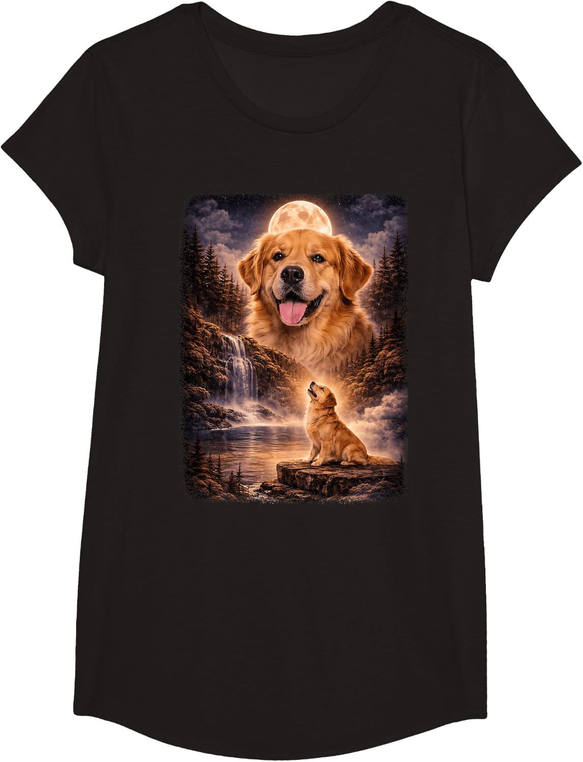 Golden Retriever Dog Howling At Moon Vintage Funny Mystic T-Shirt - Girls Black