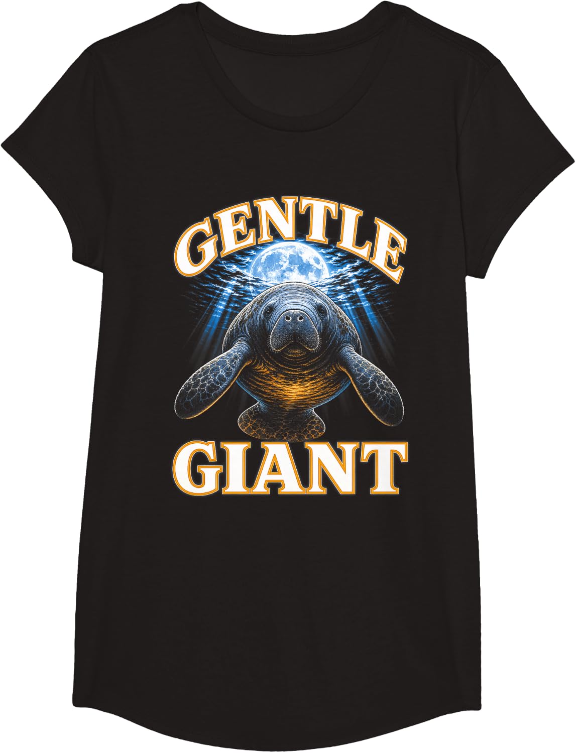 Gentle Giant Manatee Full Moon Ocean Night T-Shirt - Girls Black