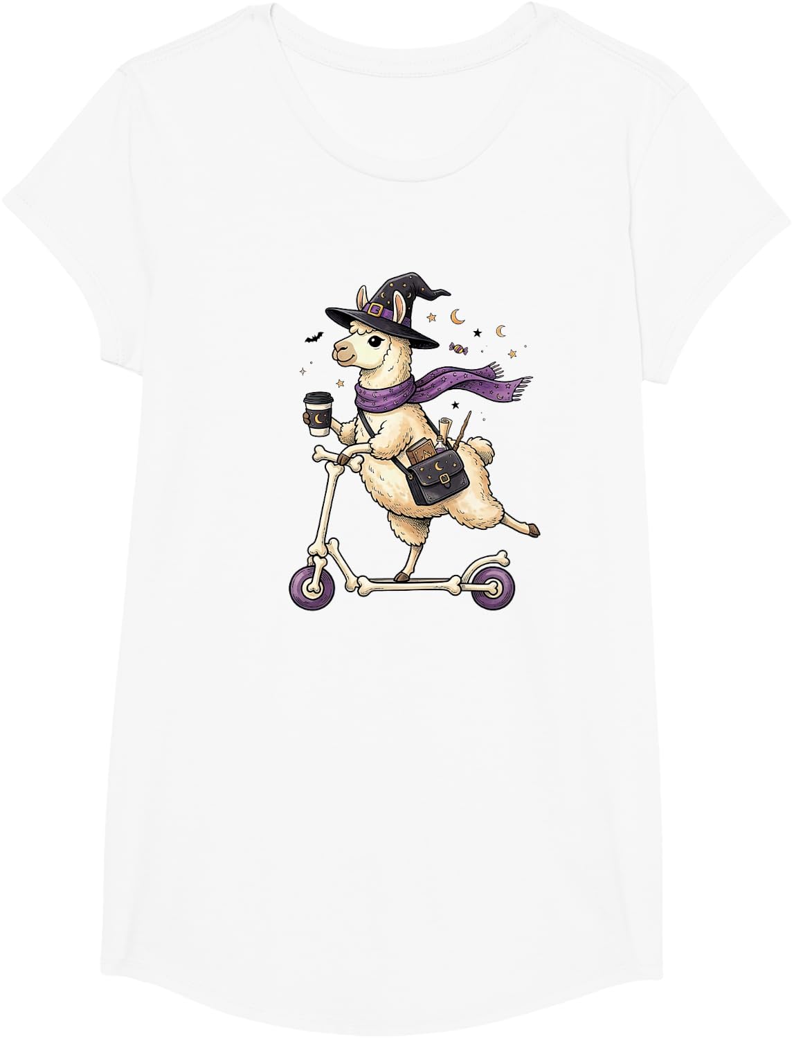 Llama Scooter Witch Halloween Kids Mens Womens T-Shirt - Girls White