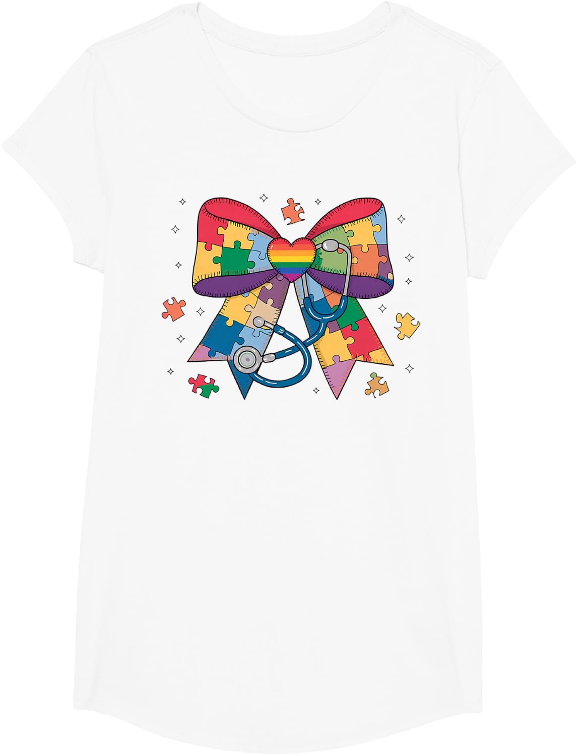 Autism Awareness Month Nurse Coquette Bow Sthetoscope T-Shirt - Girls White
