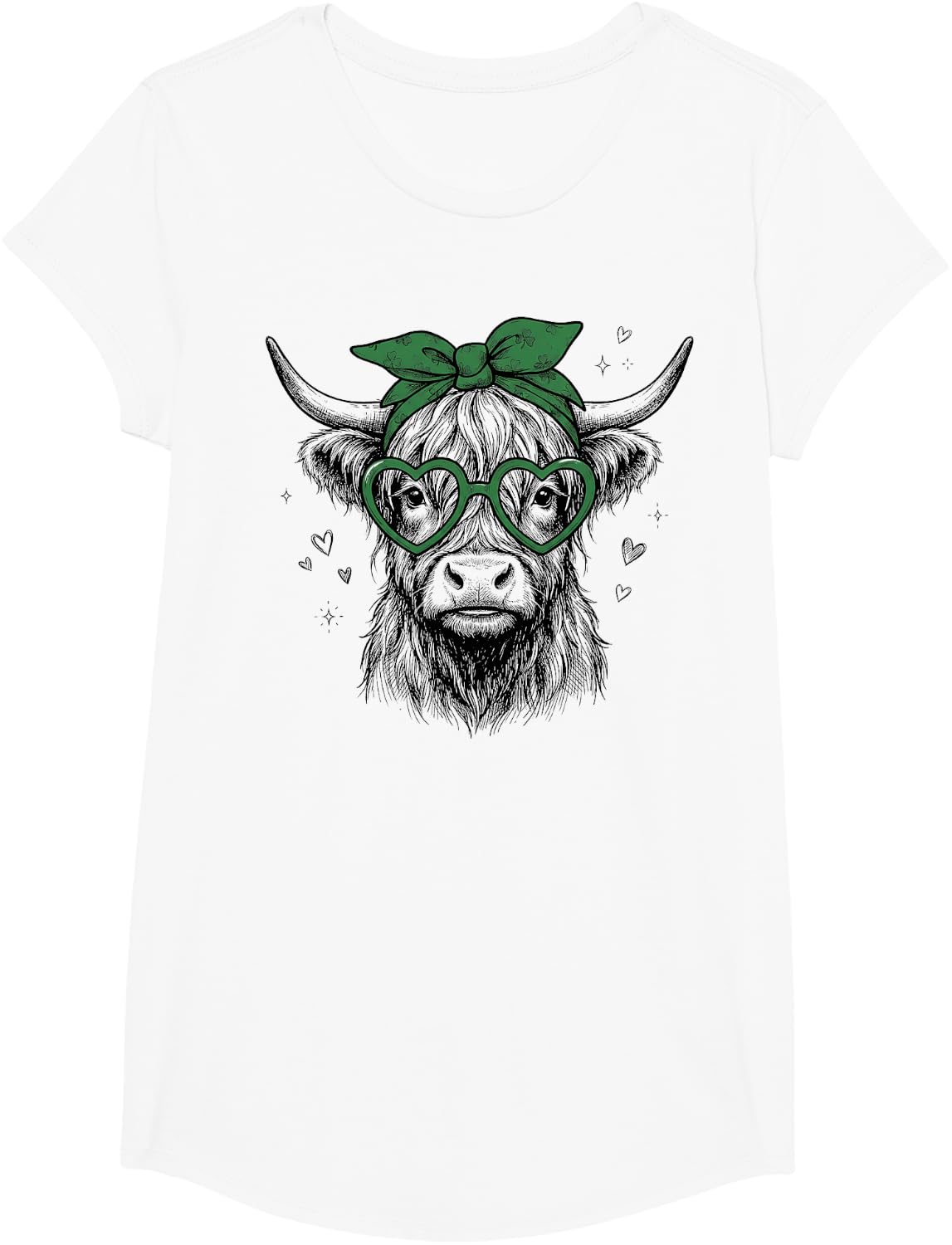 Hand Drawn Highland Cow St Patricks Day Irish Lucky T-Shirt - Girls White