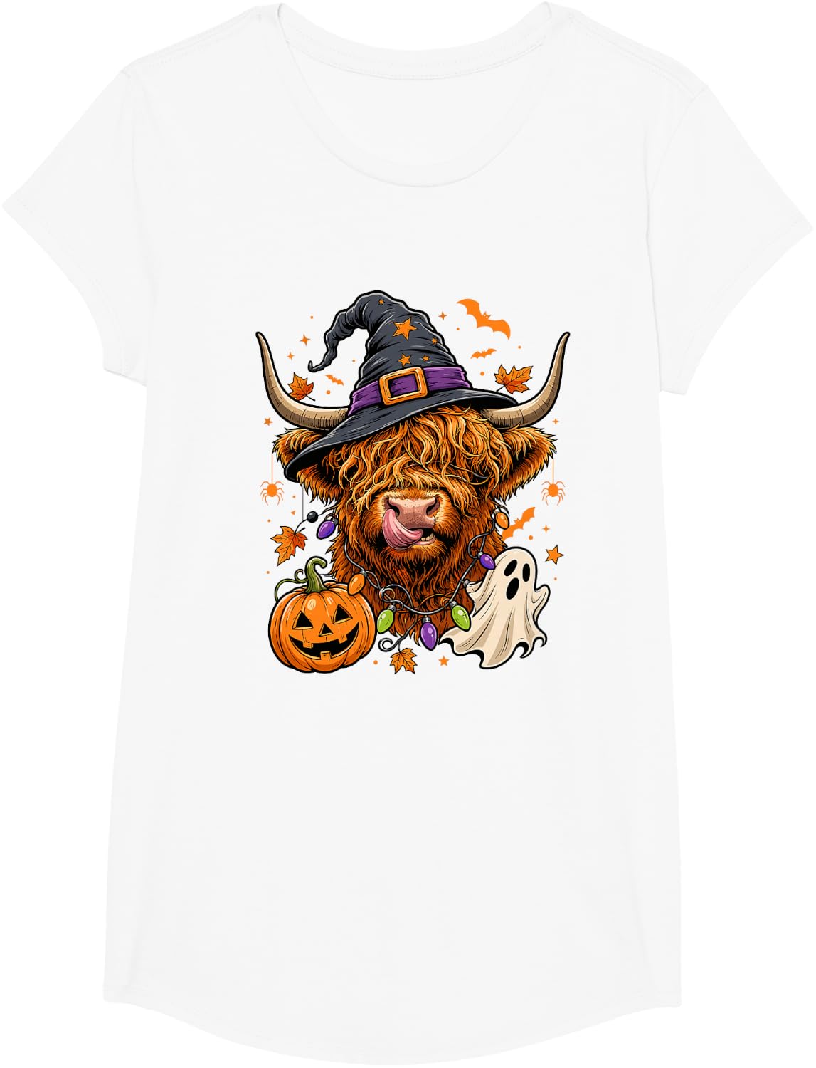 Halloween Highland Cow Witch Hat Pumpkin Ghost T-Shirt - Girls White