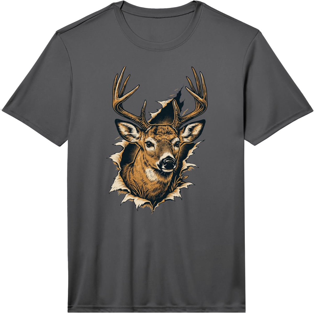 Whitetail Deer Buck Head Ripped Breakthrough Design Performance T-Shirt - Asphalt Grey