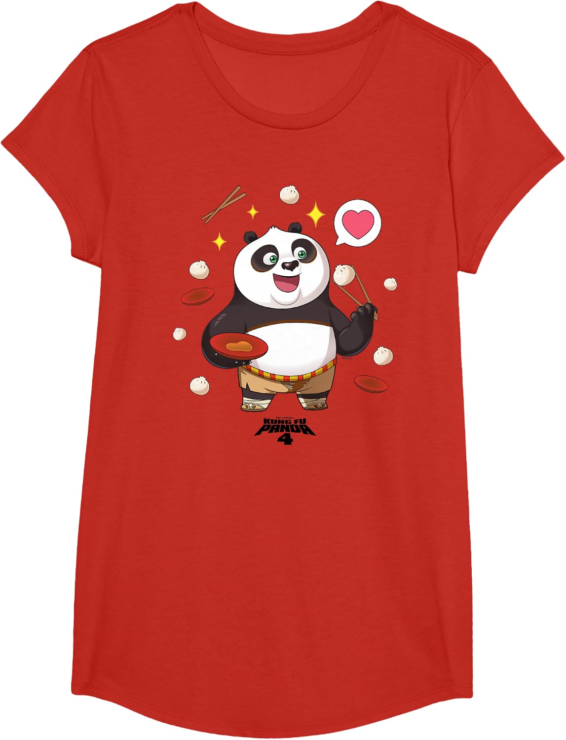 Kung Fu Panda 4 Cute Chibi Po Eating Dumplings T-Shirt - Girls Red
