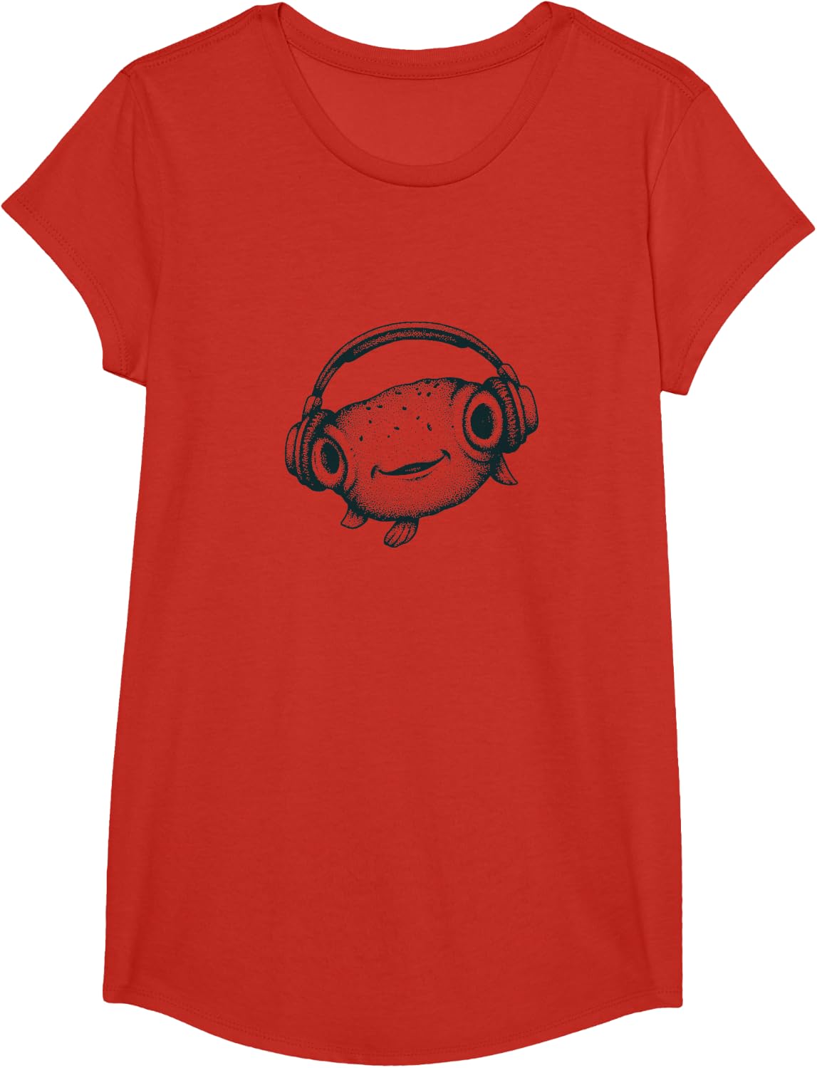 Cute Pufferfish Wearing Headphones, Music, Chill, Vibing T-Shirt - Girls Red