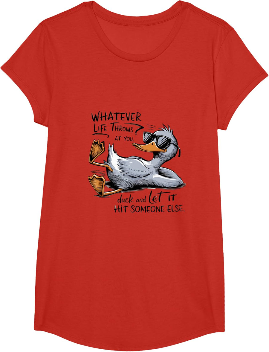 Funny Cool Duck Whatever Life Throws at You Quote Tee Shirt - Girls Red