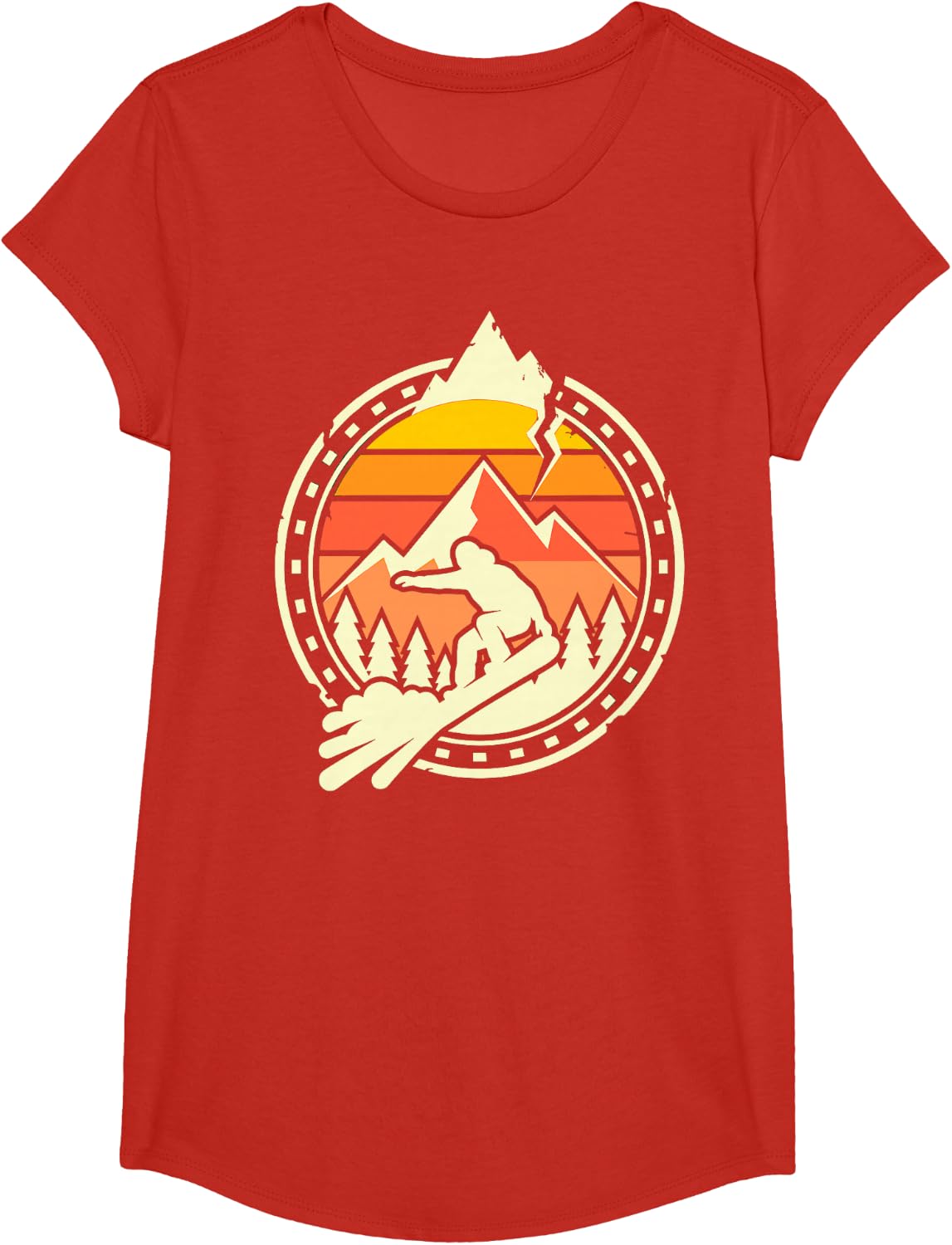 Snowboarder Retro Mountain Sunset Funny Snowboarding Fan T-Shirt - Girls Red