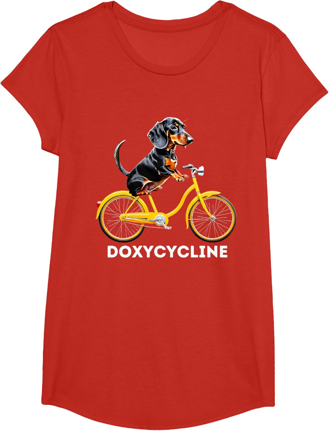 Dachshund on Bicycle Doxycycline Pharmacy Pun Dog Pharmacist T-Shirt - Girls Red