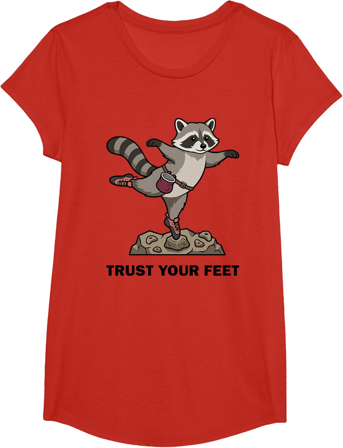Funny Trust Your Feet Rock Climber Bouldering Raccoon T-Shirt - Girls Red