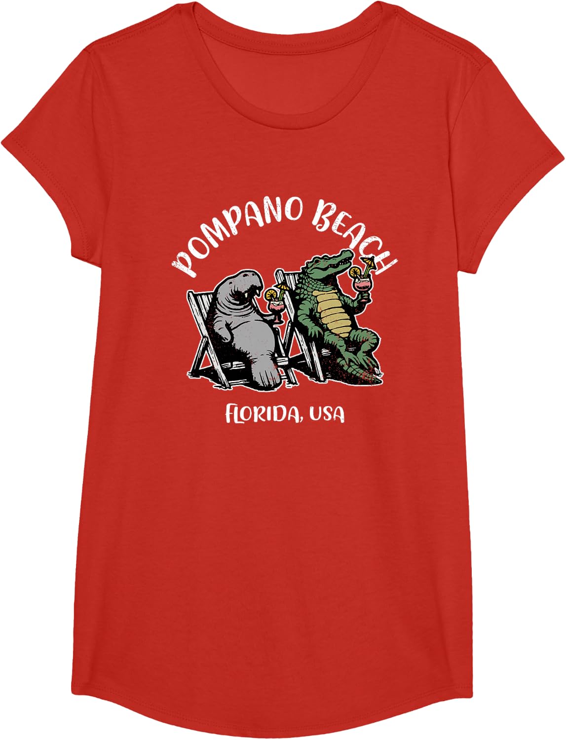 Pompano Beach Florida USA Funny Manatee and Alligator Design T-Shirt - Girls Red