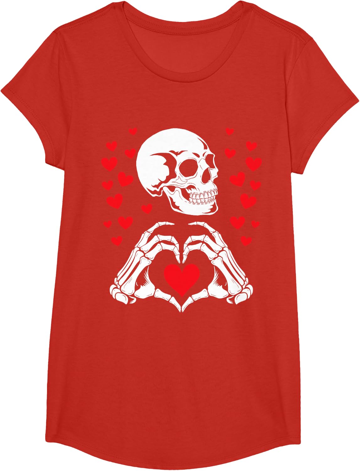 Skeleton Skull Hands Heart Valentines Day Funny Bones Love T-Shirt - Girls Red