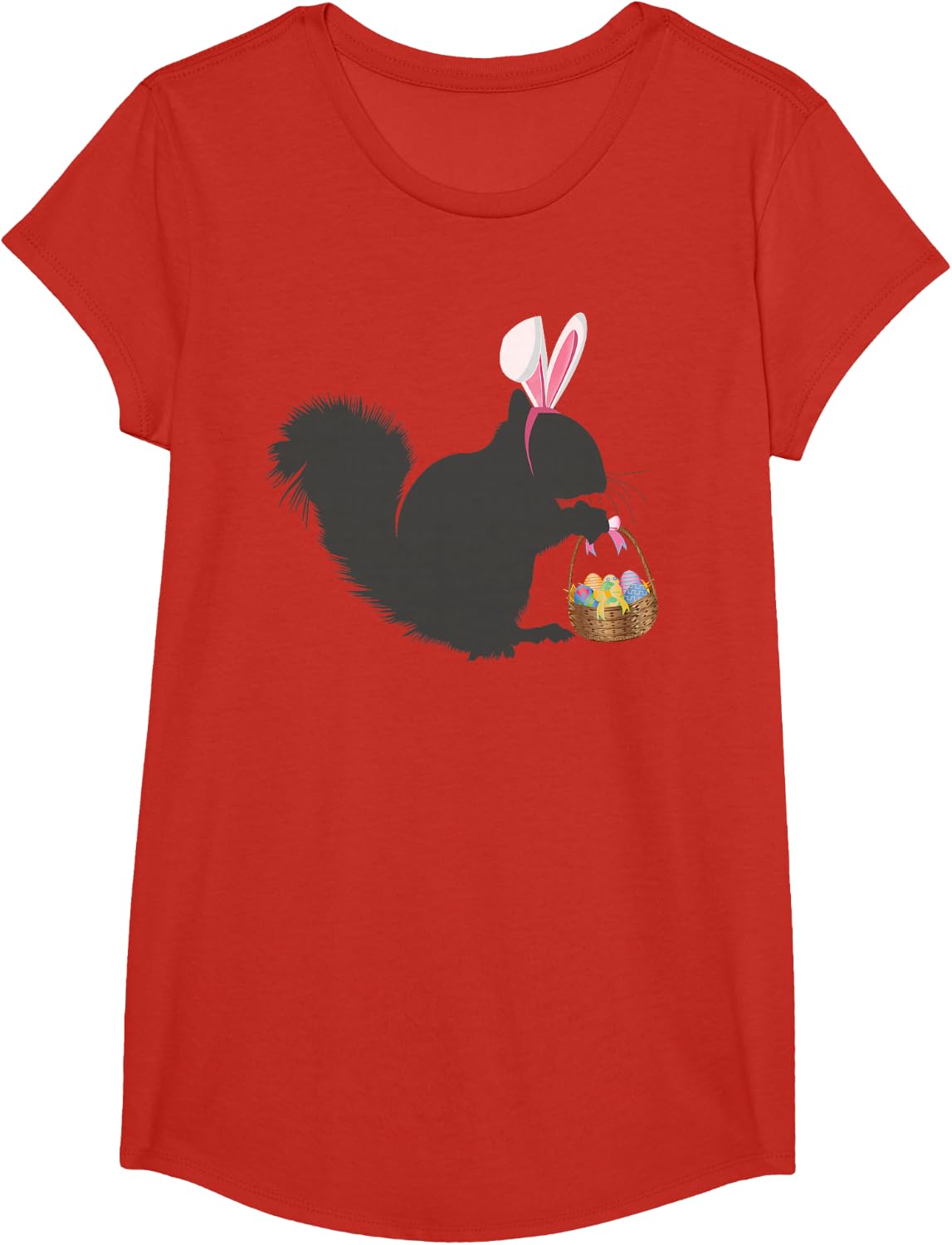 Funny Easter Squirrel Easter Basket and Bunny Ears Easter T-Shirt - Girls Red