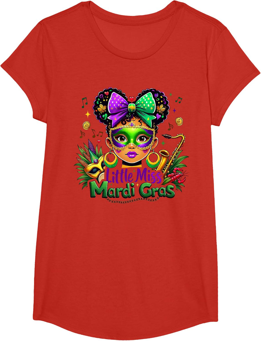 Little Miss Mardi Gras Parades Messy Bun Kids Girls Toddler T-Shirt - Girls Red