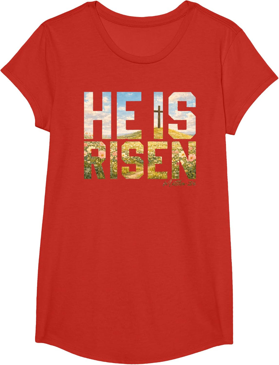 He is Risen Easter Christian Jesus T-Shirt - Girls Red