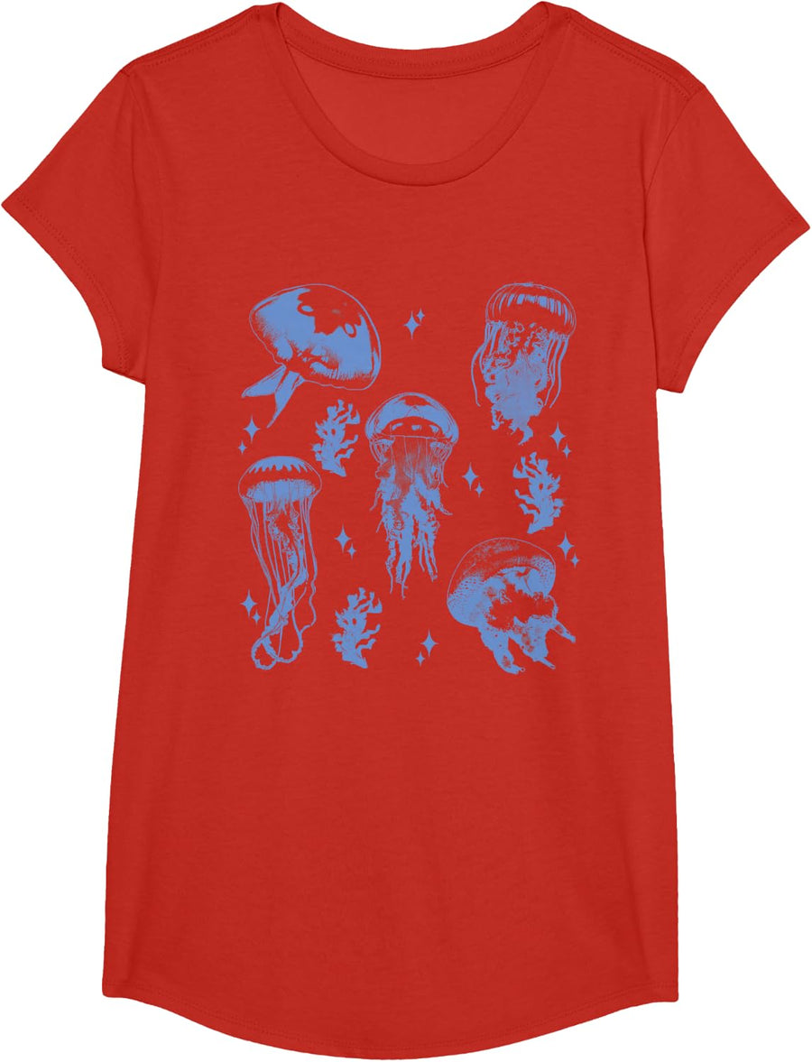 Vintage Jellyfish Tattoo Style Ocean Marine Life T-Shirt - Girls Red