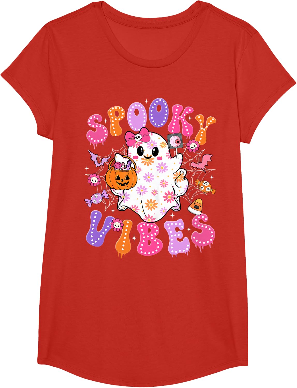 Halloween Spooky Vibes Ghost Pumpkin Women Girl Kids T-Shirt - Girls Red