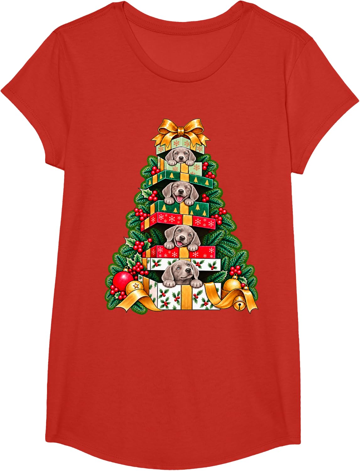 Weimaraner Stacked Wrapped Boxes Holiday Tree Surprise T-Shirt - Girls Red