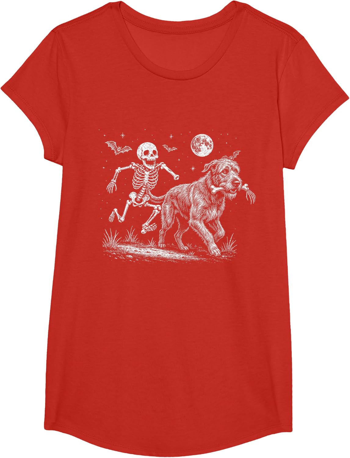 Funny Skeleton Chasing Irish Wolfhound Halloween Dog Mom Pet T-Shirt - Girls Red