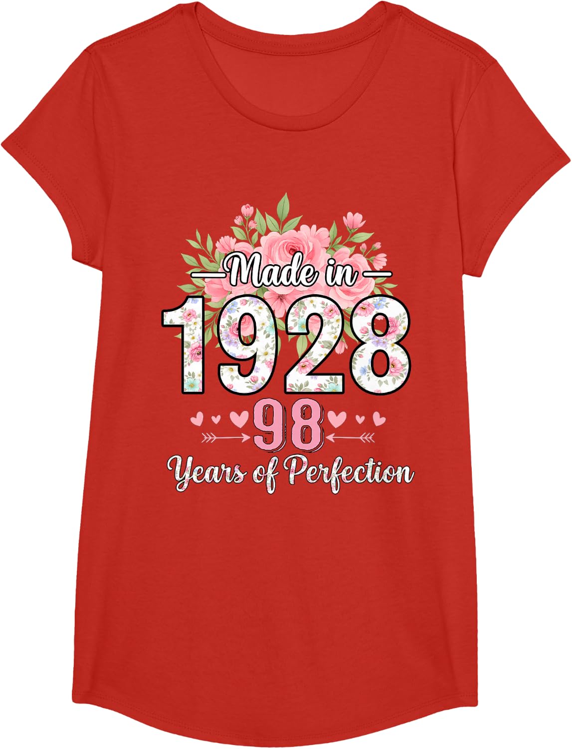 Made in 1928 Floral 98th Birthday Gifts Women 98 Years Old T-Shirt - Girls Red