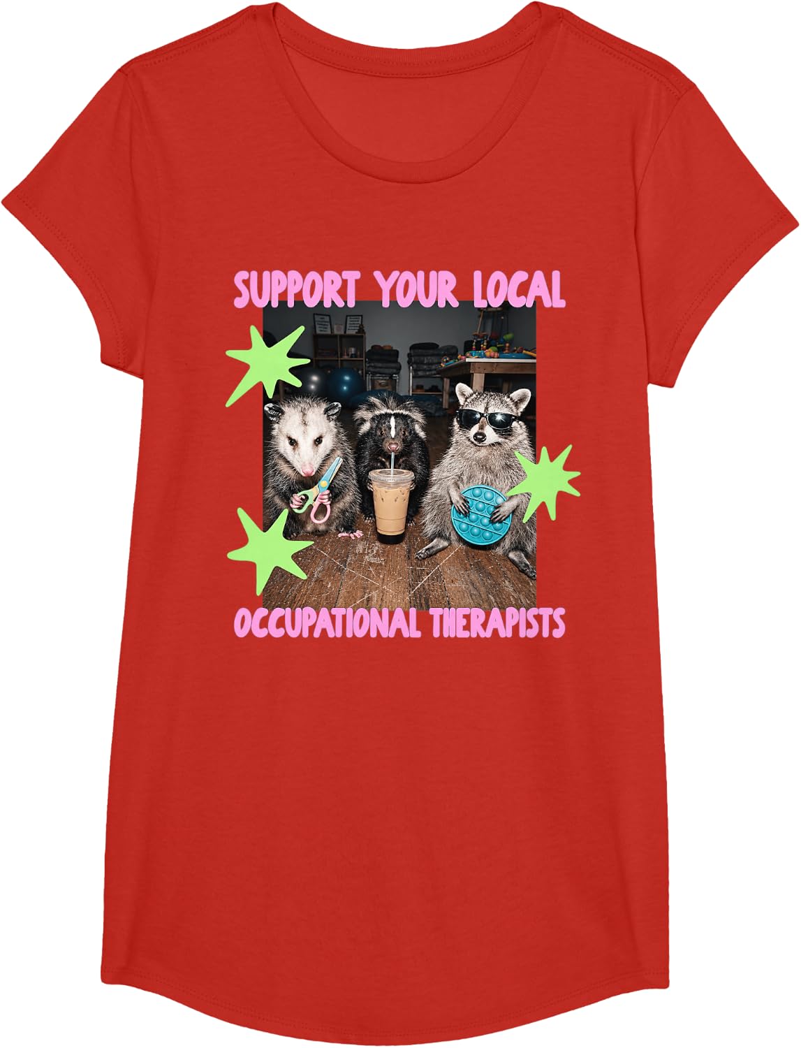 Support Your Local Occupational Therapists Raccoon Opossum T-Shirt - Girls Red