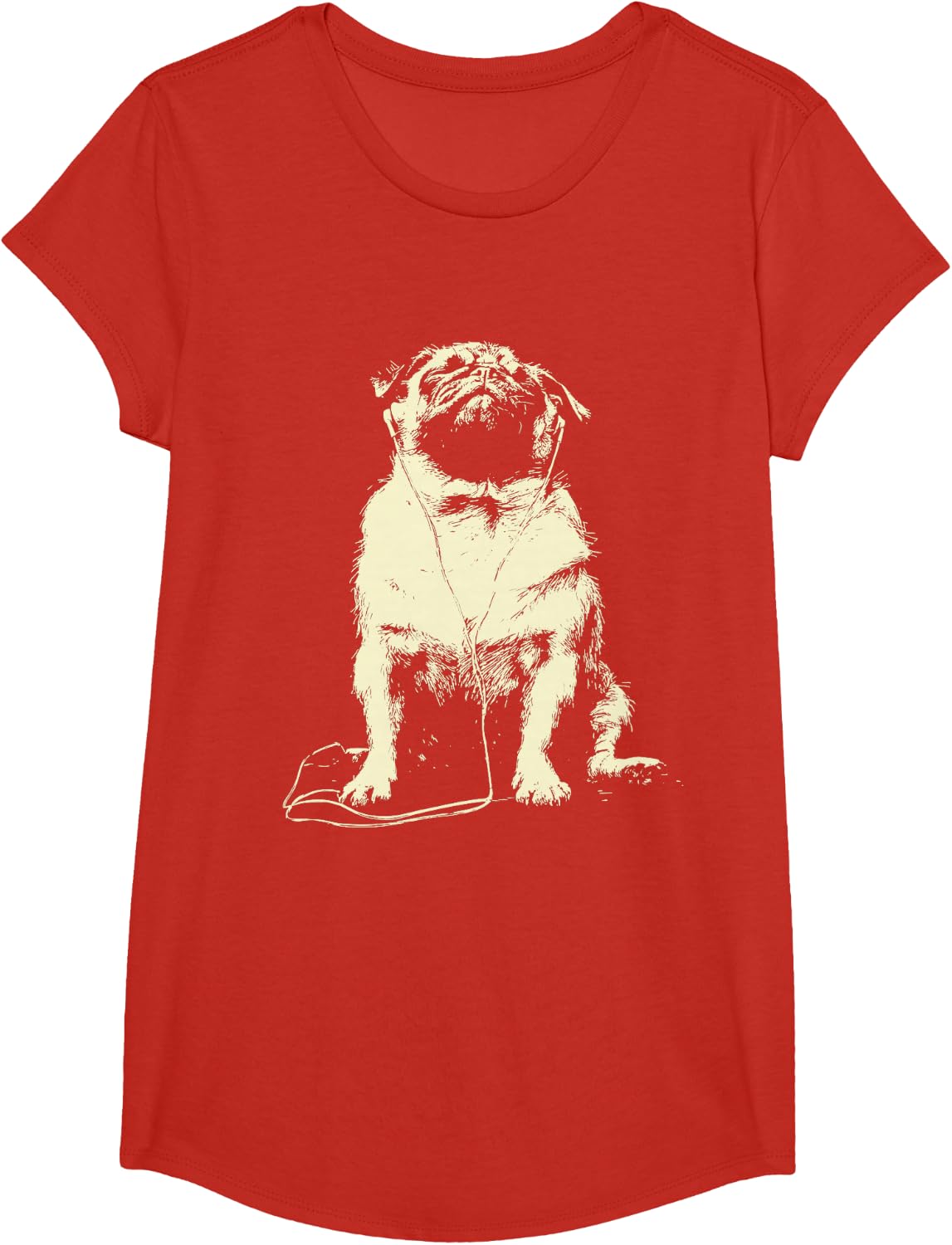 Cute Pug Listening Music Cool Dog with Earbuds Graphic T-Shirt - Girls Red