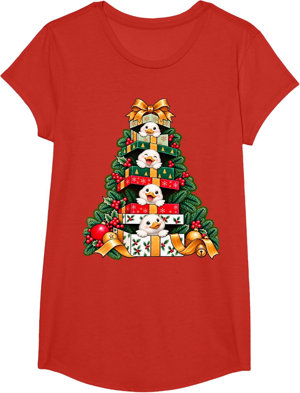 Duck Stacked Wrapped Boxes Holiday Tree Surprise T-Shirt - Girls Red