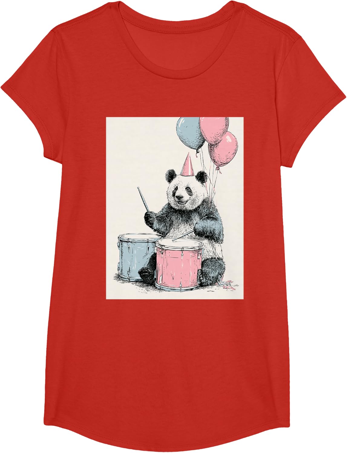 Panda Playing Drums for Birthday Party Teens Boys Kids T-Shirt - Girls Red