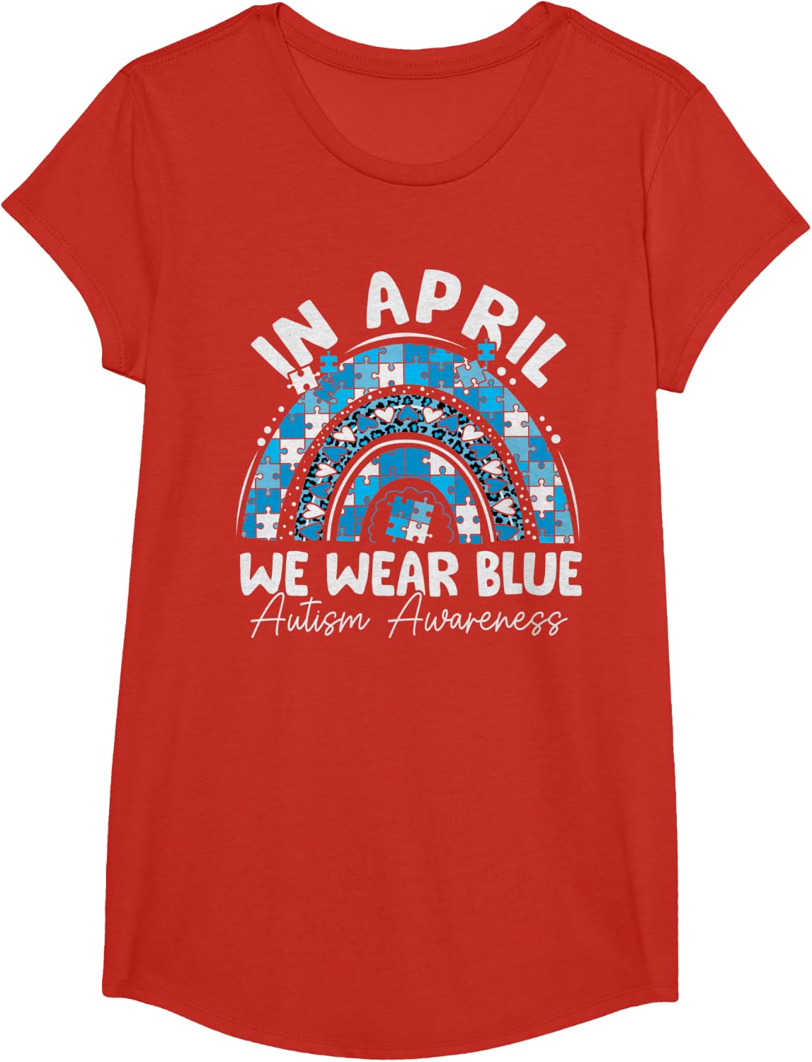 In April We Wear Blue Autism Awareness Month Rainbow T-Shirt - Girls Red