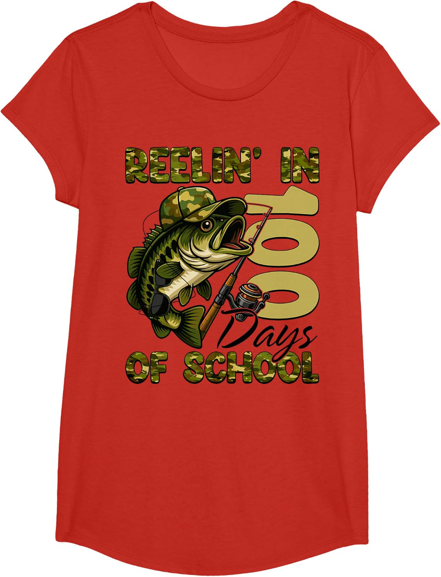 Reelin' in 100 Days of School Fishing Tee T-Shirt 100th Day Shirt for Boys Girls Kids - Girls Red