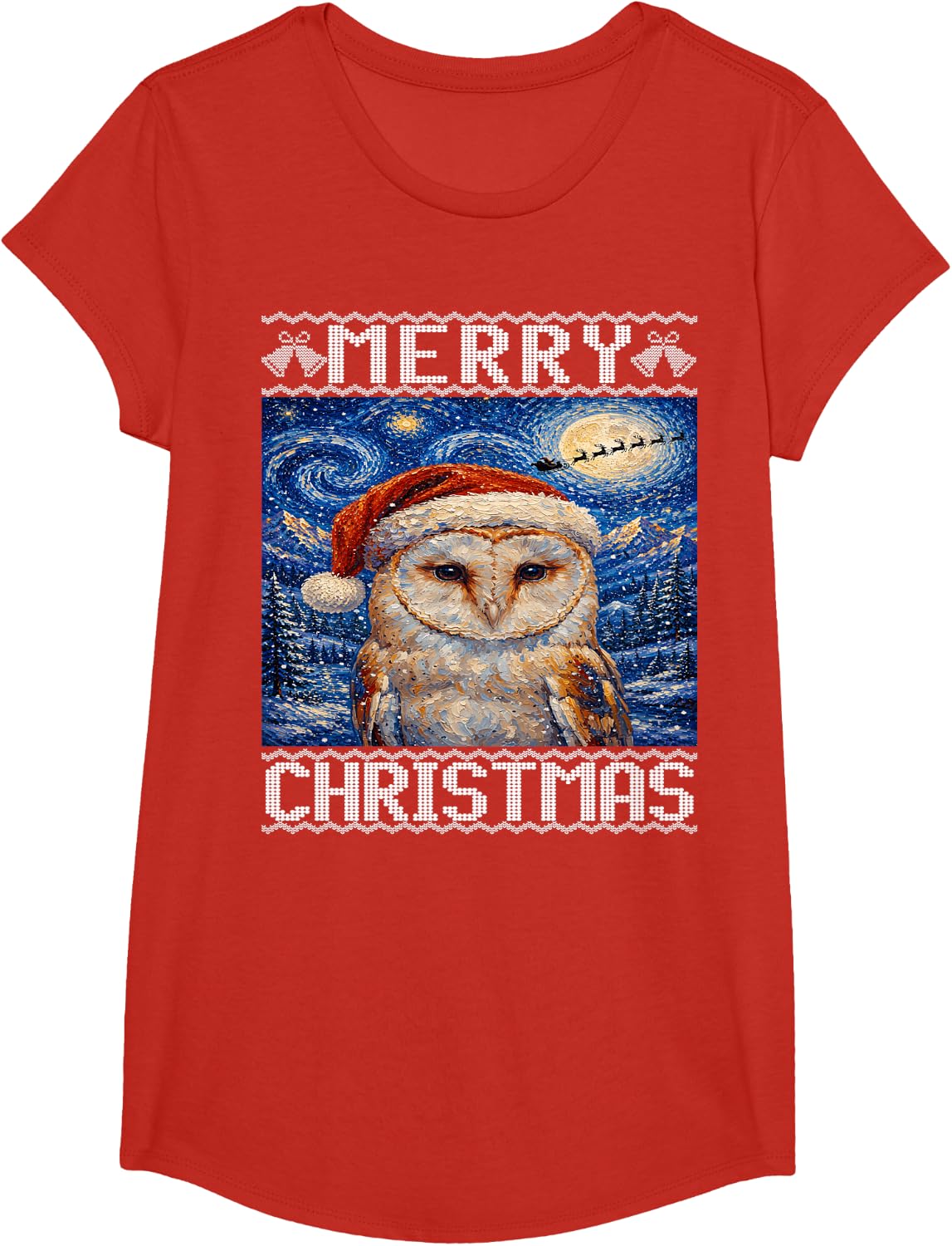 Barn Owl Merry Christmas Ugly T-Shirt - Girls Red