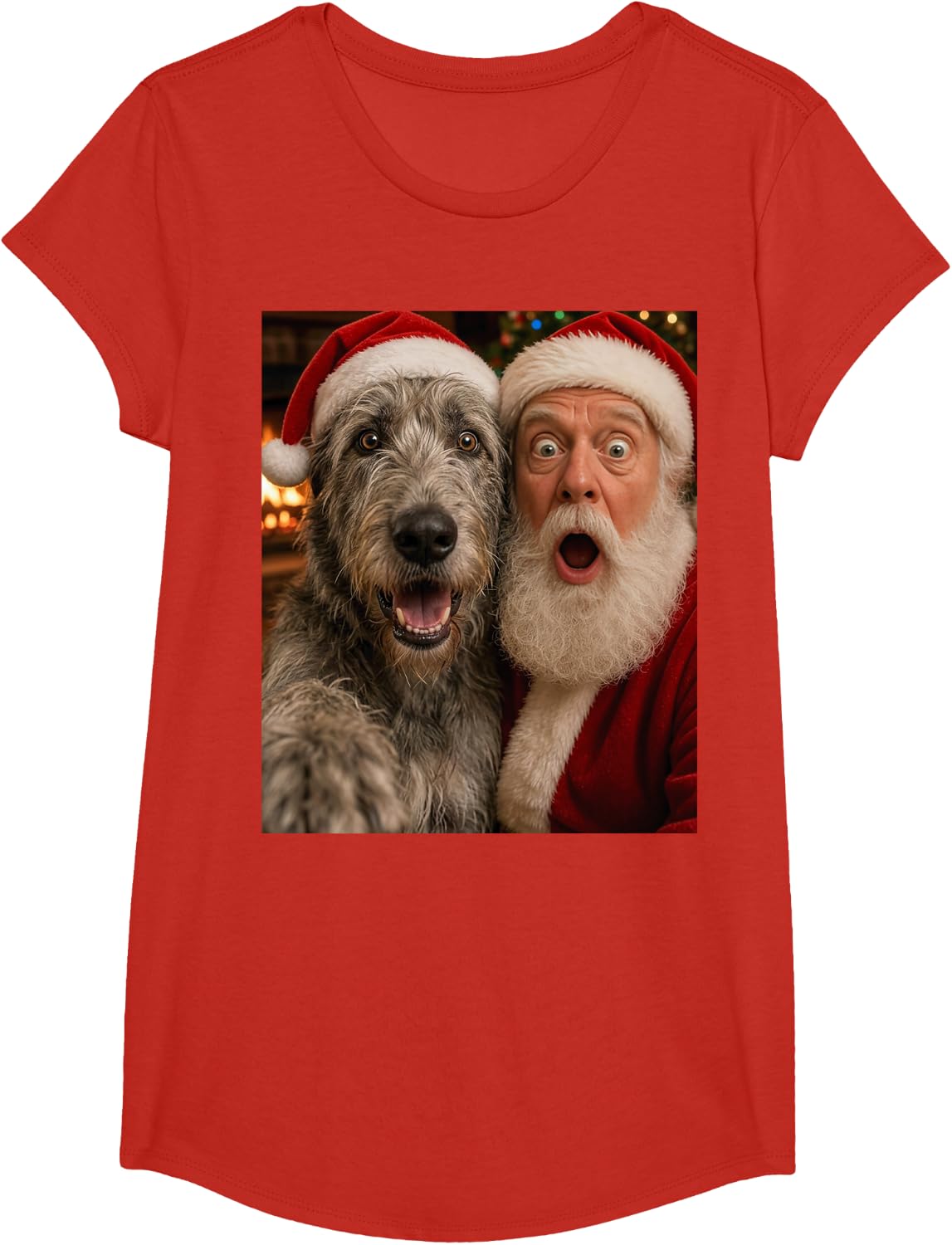 Irish Wolfhound Christmas Selfie with Santa Ugly Funny Dog T-Shirt - Girls Red