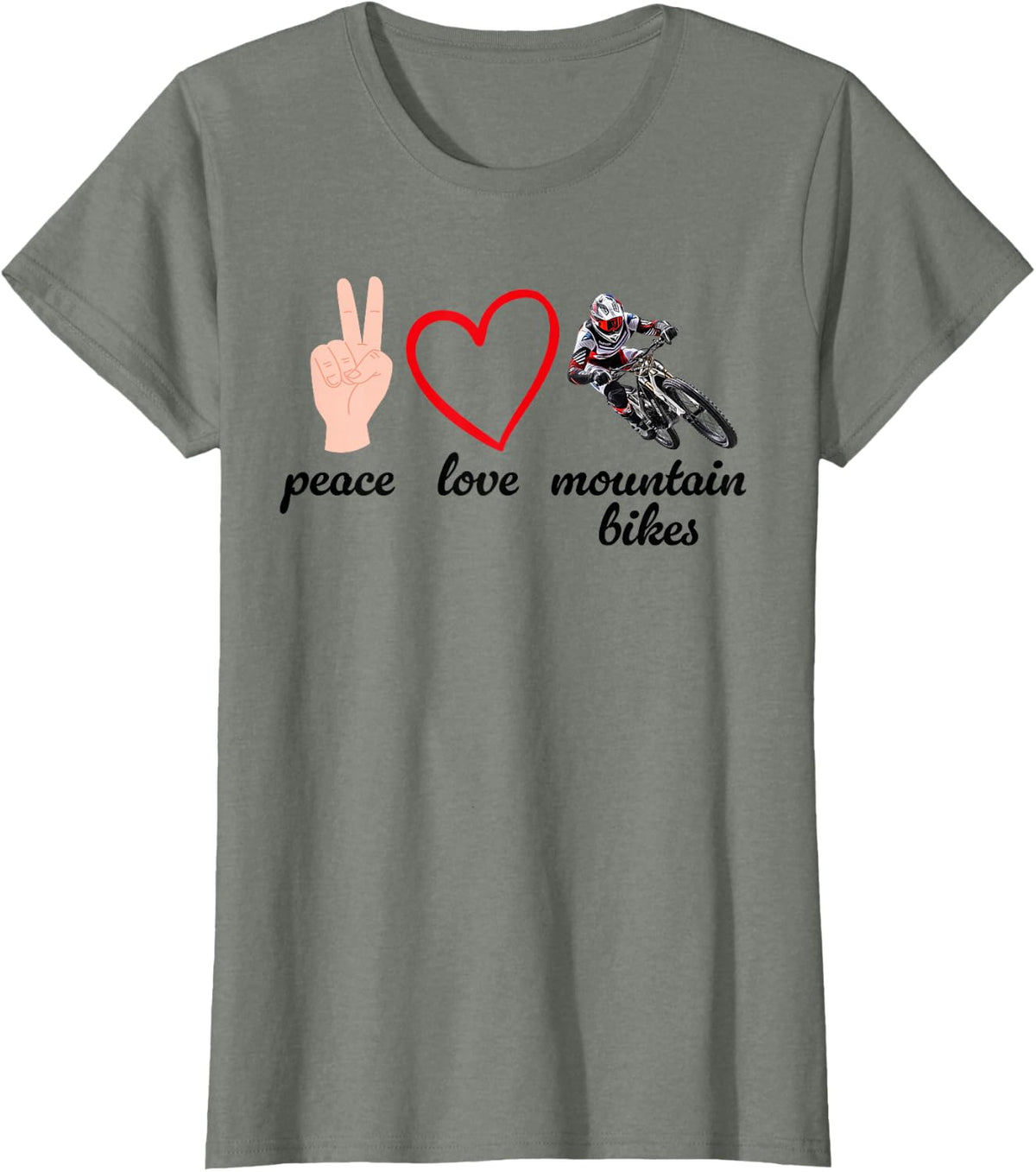 Peace Love Mountain Bikes Funny MTB Mountain Bike Lover T-Shirt - Olive Heather