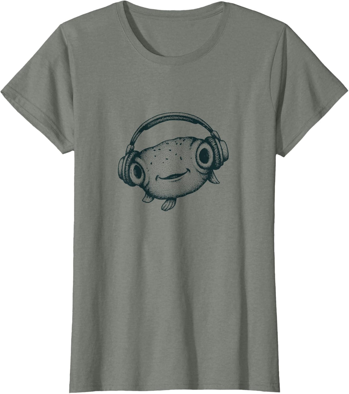 Cute Pufferfish Wearing Headphones, Music, Chill, Vibing T-Shirt - Olive Heather