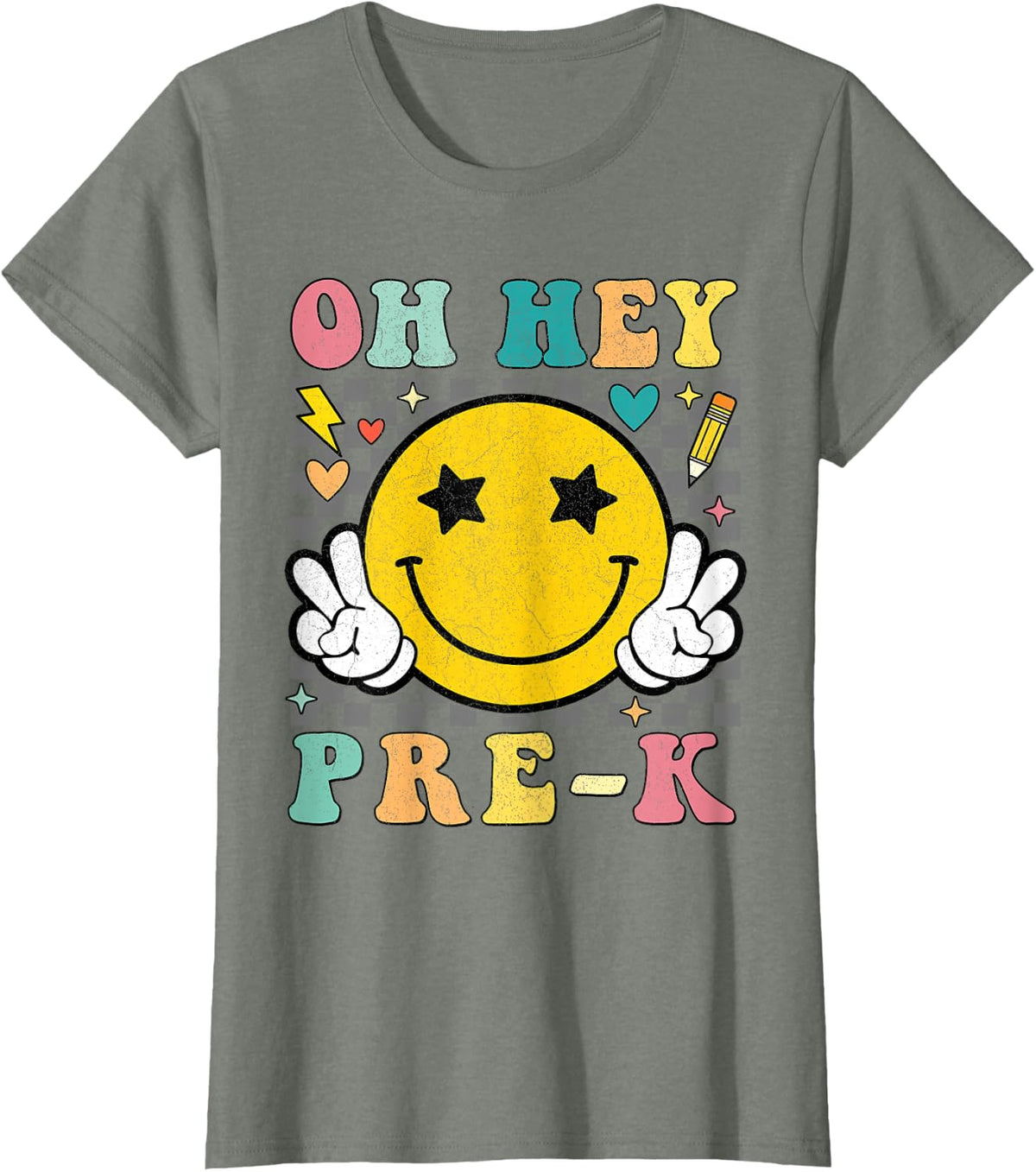 Oh Hey PreK Retro Smile Face Team Preschool Back to School T-Shirt - Olive Heather