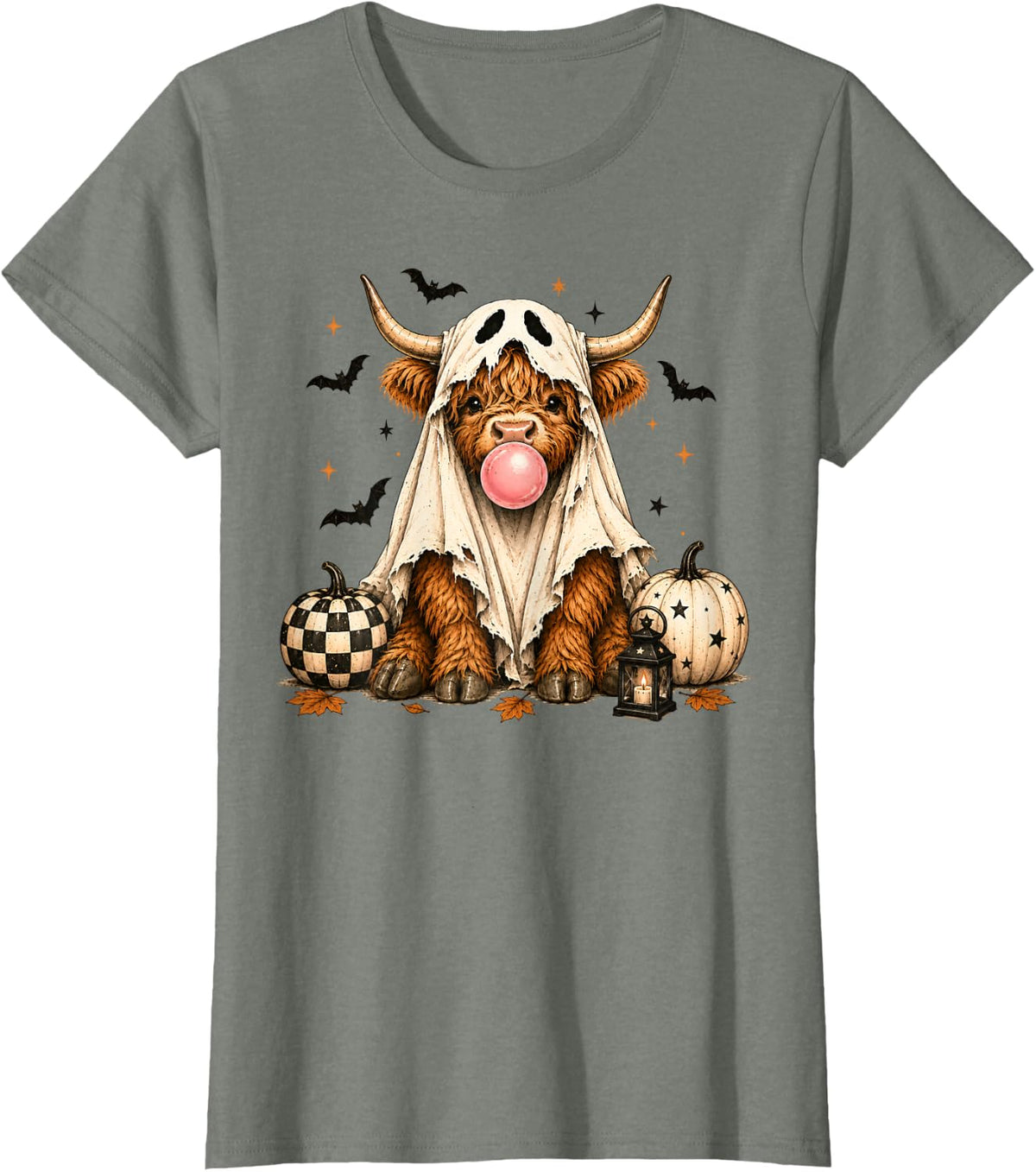 Halloween Bubble Highland Cow Cute Pumpkin Fall Cow T-Shirt - Olive Heather