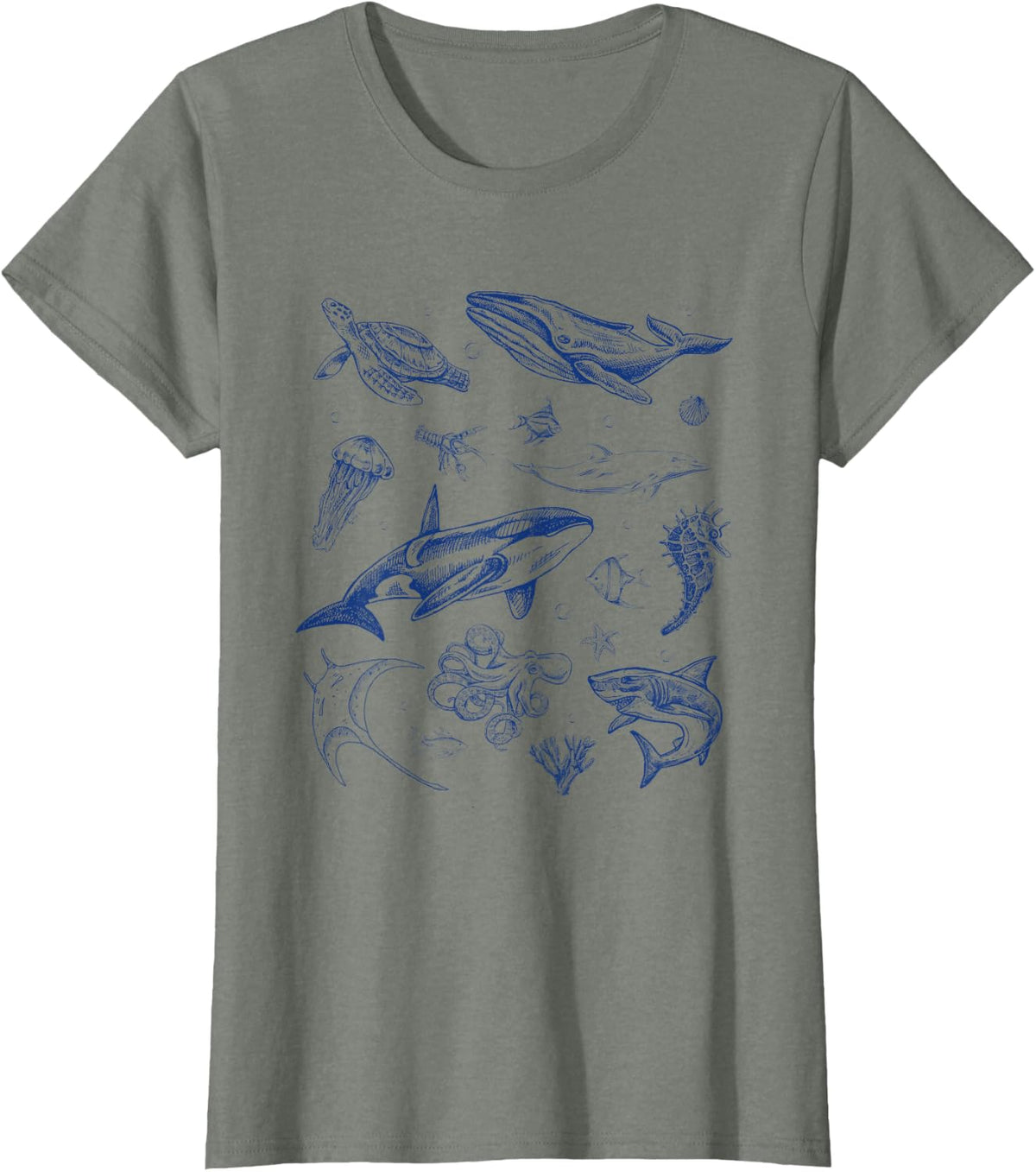 Sea Ocean Life Marine Shark Whale Turtle Octopus Wave Diver T-Shirt - Olive Heather