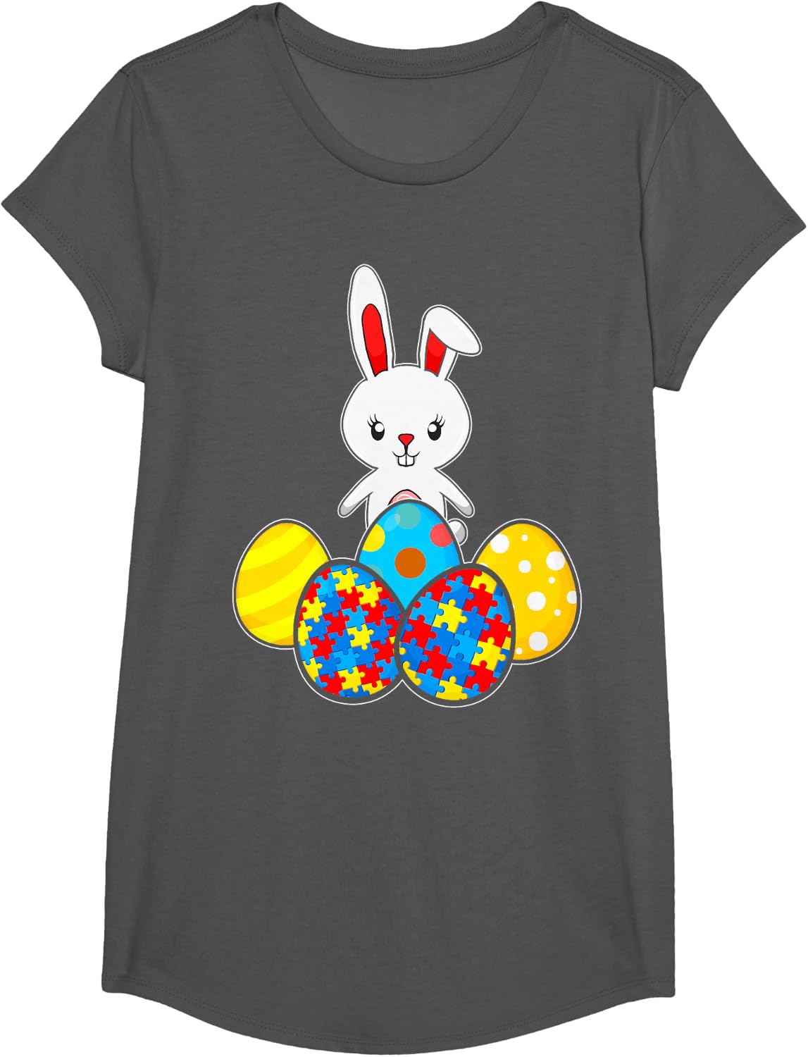 Autism Awareness Puzzle T-Shirt Easter Bunny Eggs Funny Gift T-Shirt - Girls Asphalt Grey