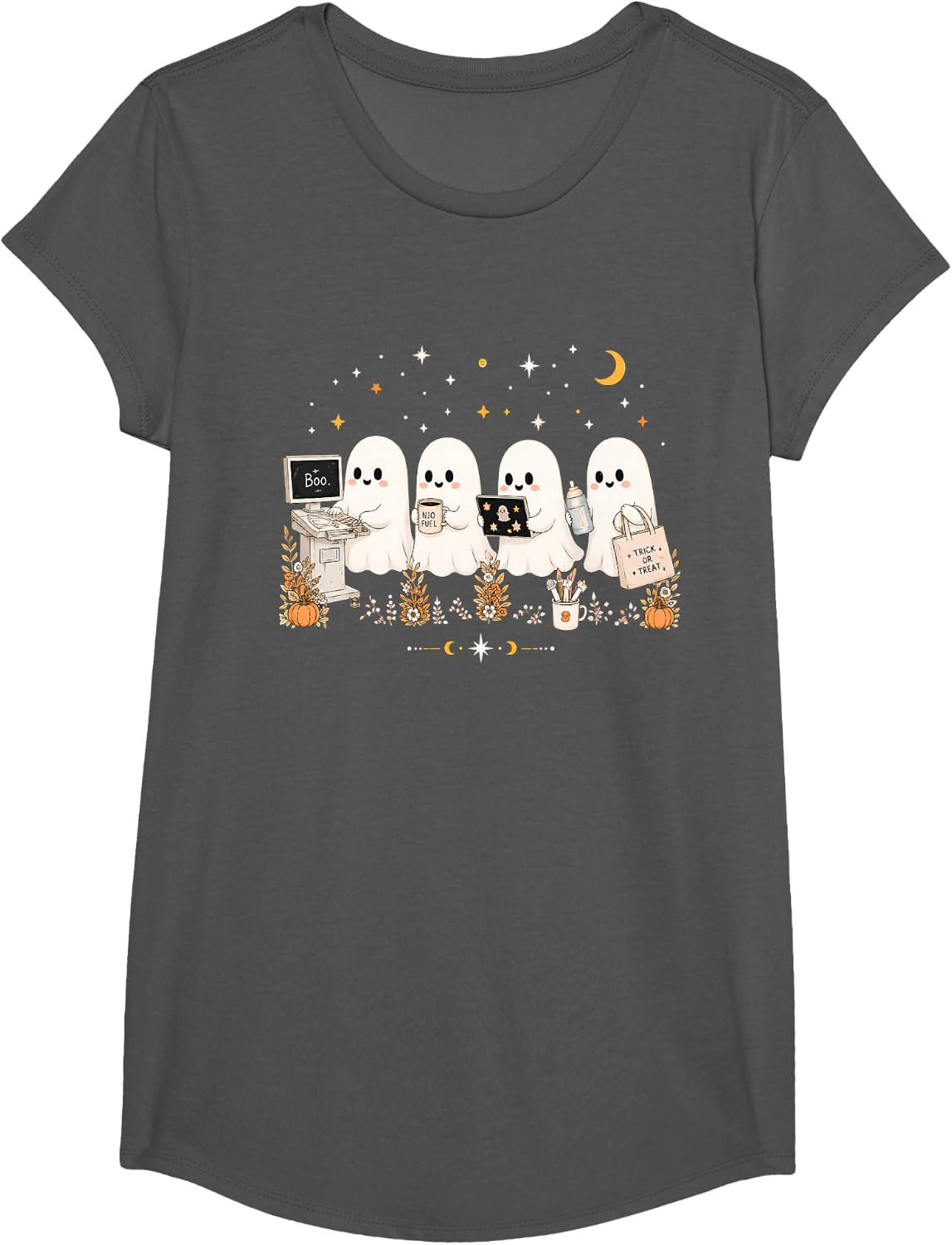 Wildflower Skeleton Sonographer Ultrasound Tech Halloween T-Shirt - Girls Asphalt Grey