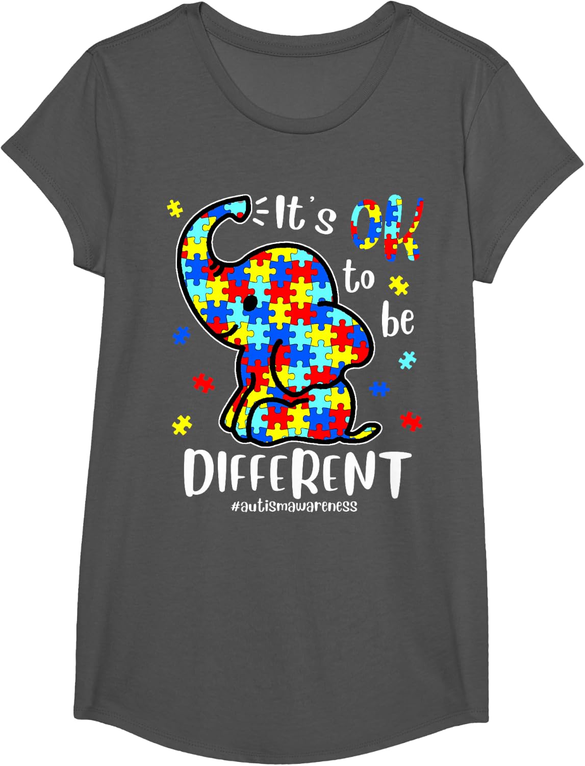 Cute Elephant Its Ok To Be Different Autism Awareness Kids T-Shirt - Girls Asphalt Grey