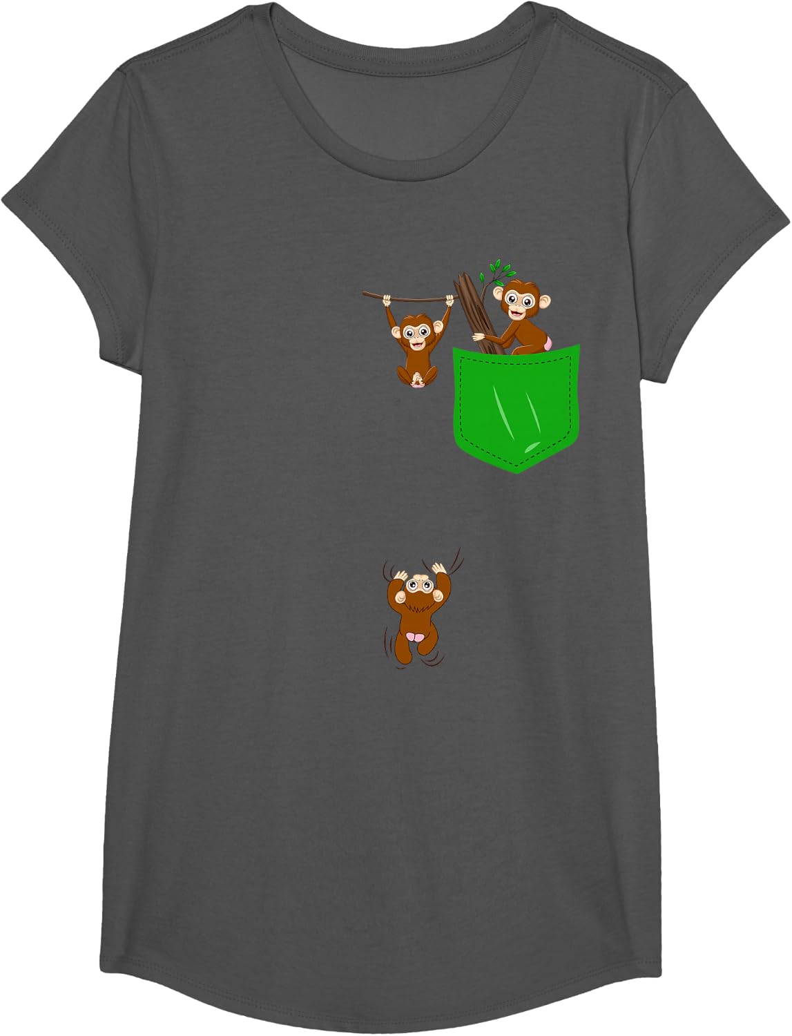 Monkey Lover Stuff Cute Monkey Pocket Stuff for Kids Monkey T-Shirt - Girls Asphalt Grey