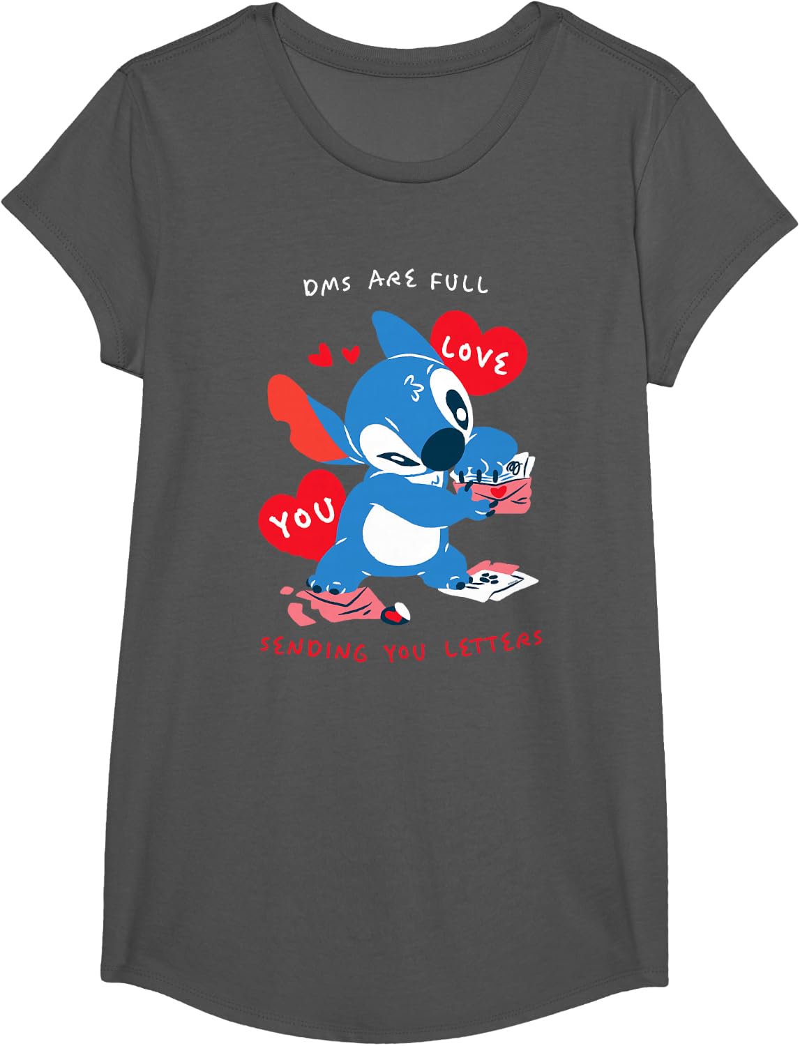 Disney Stitch Valentine's Day DMS Full, Sending You Letters T-Shirt - Girls Asphalt Grey