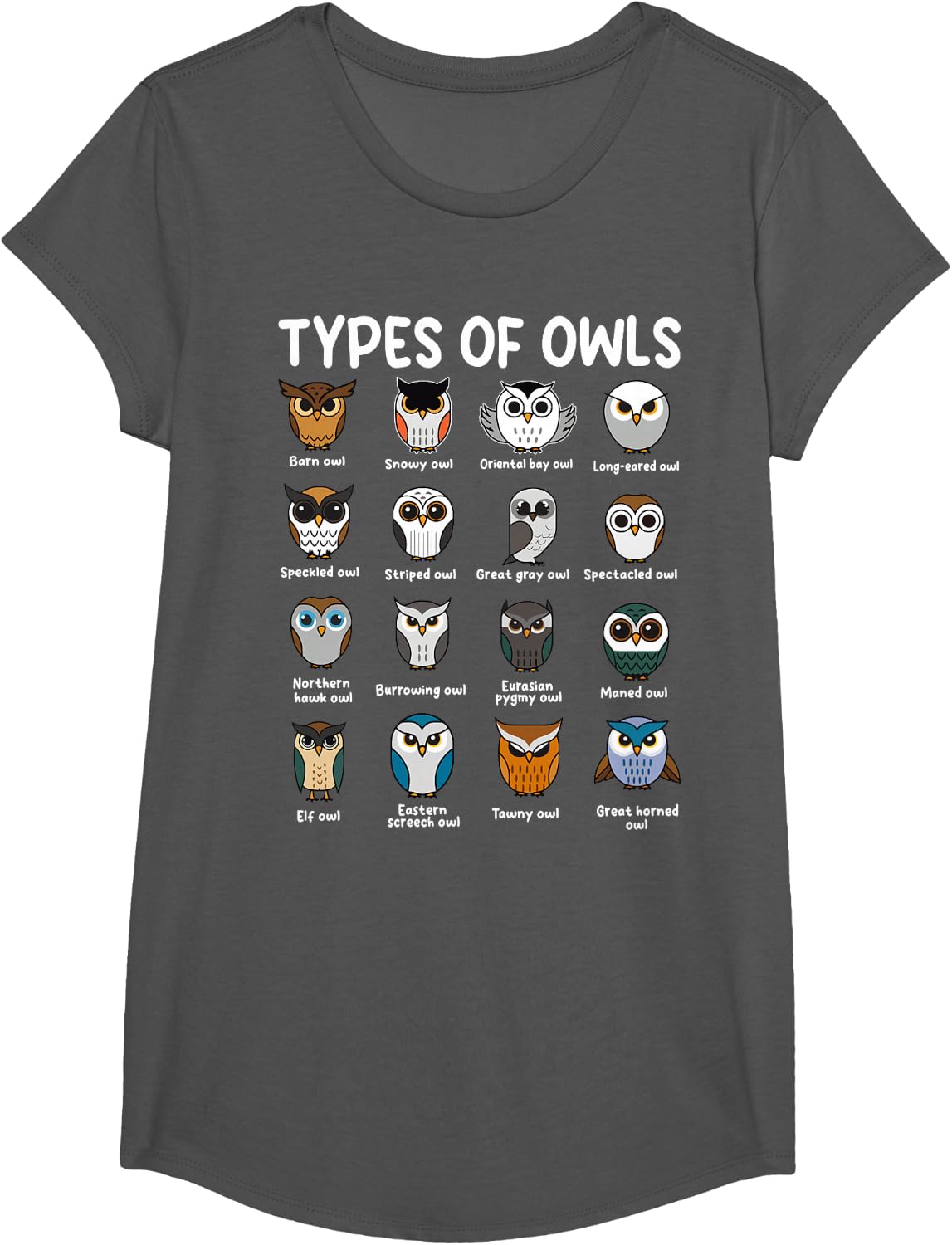 Types of Owls Cute Bird Species Educational Chart Graphic T-Shirt - Girls Asphalt Grey