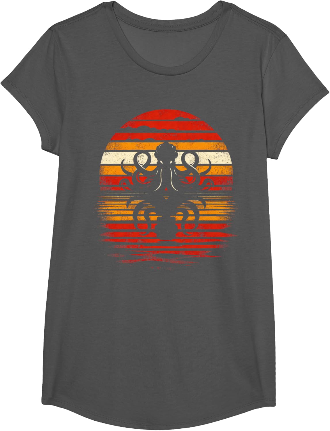 Octopus Sunset Retro Style Safari Vintage 70s Octopus T-Shirt - Girls Asphalt Grey