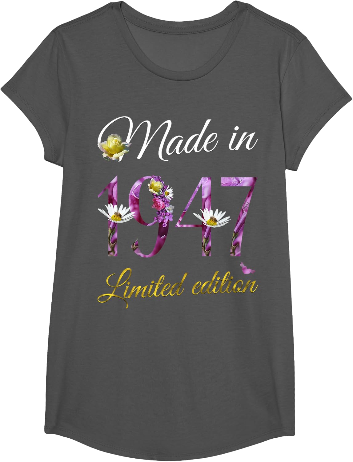 Made in 1947 Tee 79 Year Old Floral 1947 79th Birthday Gift T-Shirt - Girls Asphalt Grey