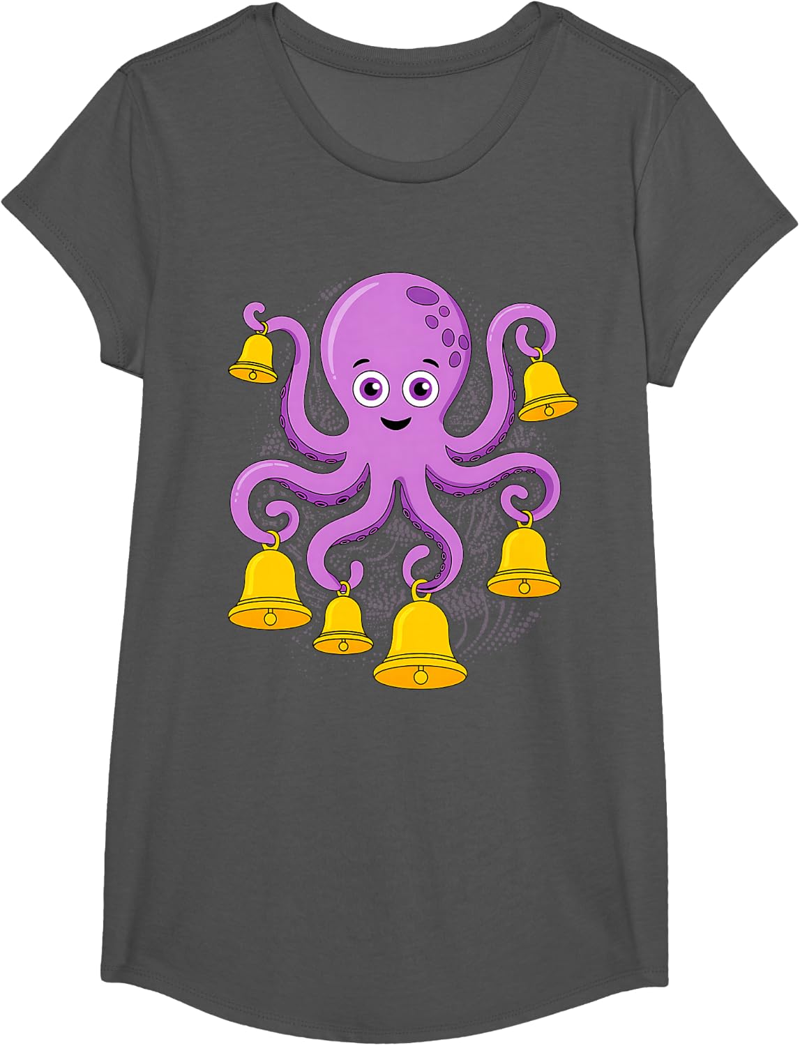 Octopus Ringing Hand Bells Cartoon T-Shirt - Girls Asphalt Grey